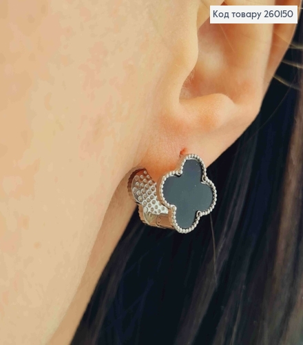 Серьги серебряного цвета, "Van Cleef" двойные с Черной эмалью, 1,3см, сталь Stainless Steel 260150 фото 1