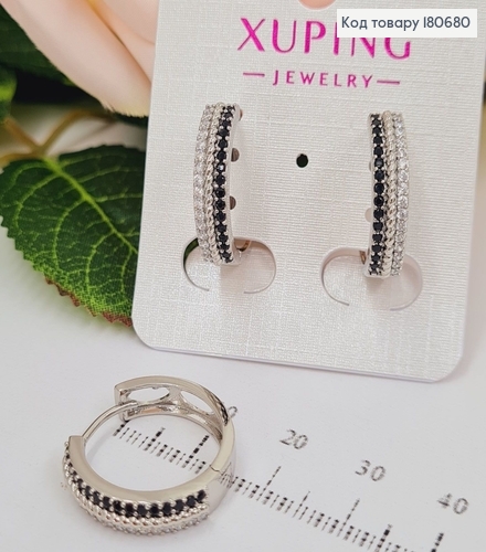 Сережки родированые кольца с двумя рядами камней 1,9*0,5см, Xuping 180680 фото 2