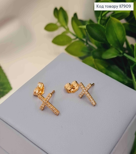 Серьги гвозди "Кресты" украшены камешками, 1,3*0,9см, Xuping 18K 117909 фото 2