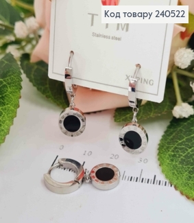 Серьги кольца, Римские часы, серебряный цвет с черной вставкой, Stainless Steel 240522 фото