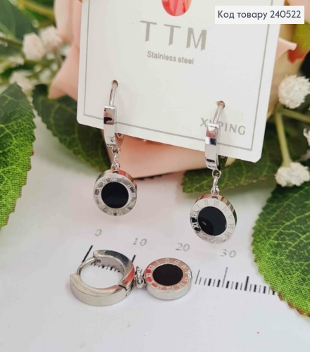 Серьги кольца, Римские часы, серебряный цвет с черной вставкой, Stainless Steel 240522 фото 1