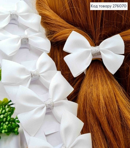 Бант БЕЛЫЙ с люрексом, на резинке, ткань репс, размер 7*4,5см, ручная работа 276070 фото 1