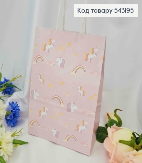 Пакет крафтовый, 16*22*8см, Бледно-Розовый с Единорогом 543195 фото