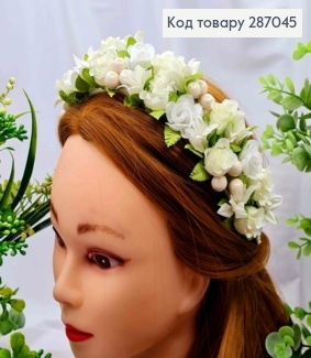 Обруч-венчик, плетеный, Розы с Калиной, КРЕМОВОГО цвета, ручная работа, Украина. 287045 фото