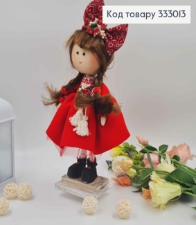 Лялька ДІВЧИНКА з бантиком на голові та в червоній сукні, висота 32см,ручна робота, Україна 333013 фото