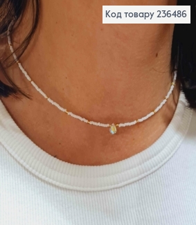Біжутерія на шию з Бісеру + Камінь Краплинка, 37+4см, Біло-Золотого кольору+ 236486 фото
