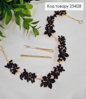 Гілочка для волосся, з Квітами та камінчиками, Чорного кольору, 29см 234128 фото