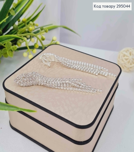 Вечірні-Весільні сережки кліпси, з Яскравими камінцями в п'ять рядів, 8см, Срібного кольору 295044 фото 2