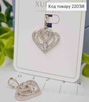 Кулон родованный, "LOVE" Сердце украшено камнями, 1,5см, Xuping 220318 фото
