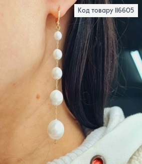 Сережки кільця 1см, з підвісками  перлинками на ланцюжку, 9,5см, Xuping 18К 116605 фото