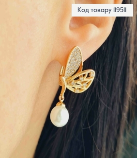 Серьги "Крылья Эльфа" с Блестящими камешками и Жемчужкой, 2,1+0,8см, английская застежка, Xuping 18K 119511 фото