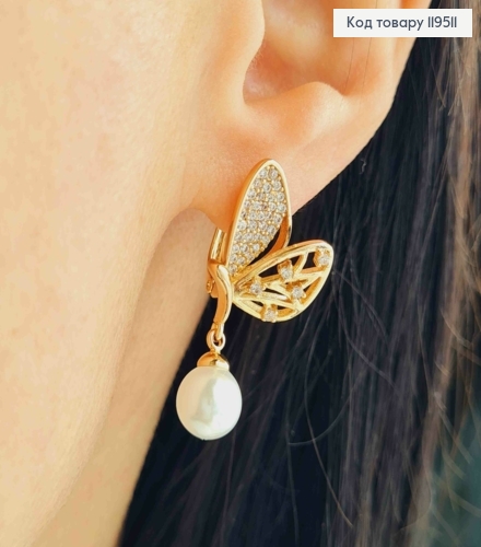 Серьги "Крылья Эльфа" с Блестящими камешками и Жемчужкой, 2,1+0,8см, английская застежка, Xuping 18K 119511 фото 1
