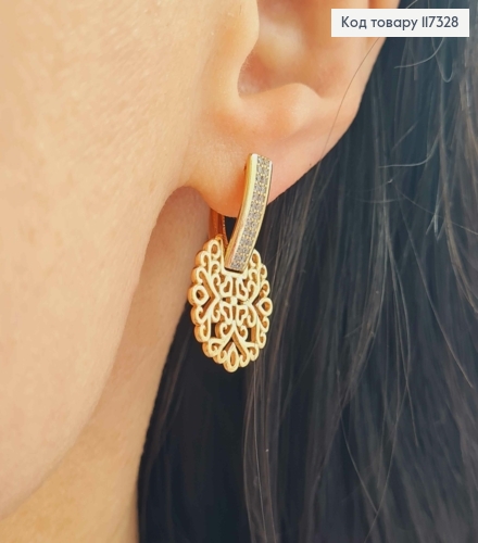 Серьги с камнями с ажурной круглой подвижной подвеской, длина 2,7см, англ застежка, Xuping 18к 117328 фото 2