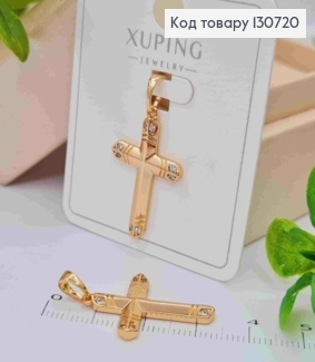 Хрестик з тисненням та Блискучими камінцями по краям, розмір 2,6*1,7см,  Xuping 18K 130720 фото