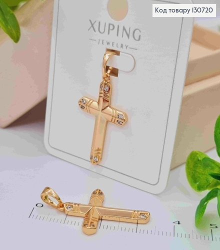 Хрестик з тисненням та Блискучими камінцями по краям, розмір 2,6*1,7см,  Xuping 18K 130720 фото 1