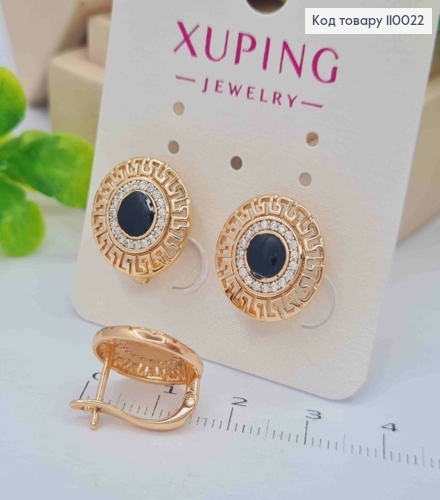 Серьги ВЕРСАЧЕ с Блестящими камешками и Черной эмалью, 1,5см, английская застежка, Xuping 18К 110022 фото 2