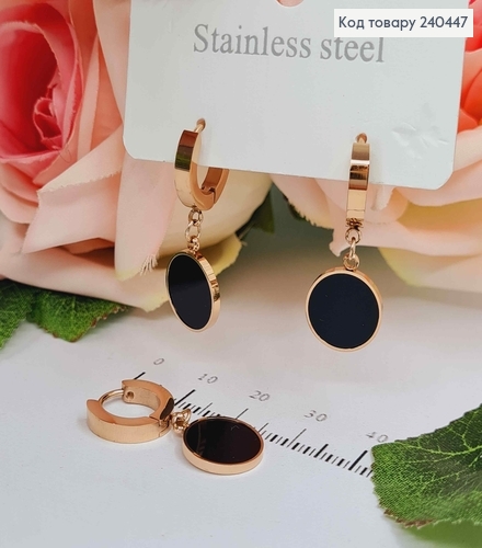 Серьги кольца, золотого цвета, круглые с черной эмалью, сталь Stainless Steel 240447 фото 1