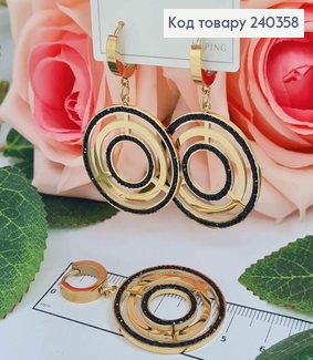 Серьги кольца, пластинка Лабиринты, лимонный цвет с черной эмалью, сталь Stainless Steel 260014 фото