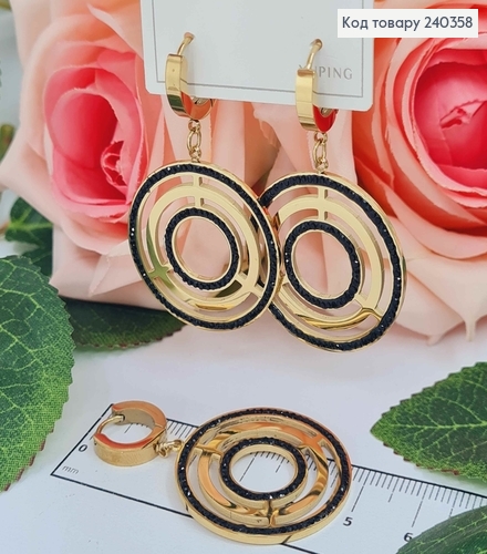 Серьги кольца, пластинка Лабиринты, лимонный цвет с черной эмалью, сталь Stainless Steel 260014 фото 1