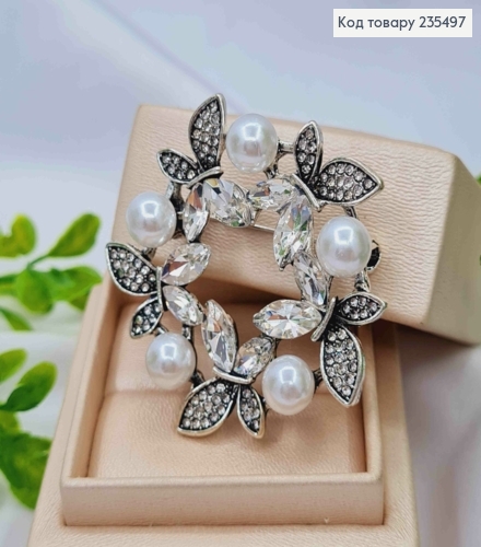 Брошь металл, "Венчик из Бабочек" с Блестящими камешками и Жемчужинами, 4,5см, Серебряного цвета 235497 фото 1