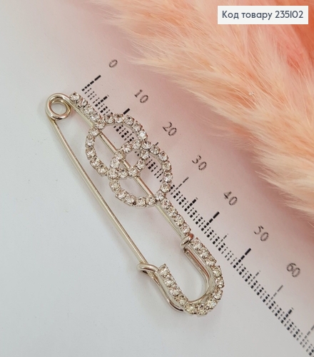 Брошь металл серебряная Булавка с кружочками и камешками 235102 фото 1