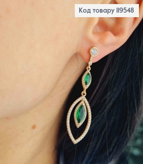 Серьги гвозди украшены Блестящими и Зелеными камешками, 5,2см, Xuping 18K 119548 фото