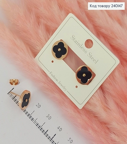 Серьги гвозди Цветочек золотой цвет с чорным камнем медицинская сталь Stainless Steel 240147 фото 1