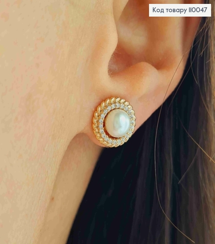 Серьги гвоздики с Блестящими камешками и Жемчужиной, размером 1,1см, Xuping 18К. 110047 фото 1