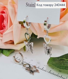 Серьги кольца, серебряного цвета, с подвесками бабочками, 3см, сталь Stainless Steel 240444 фото