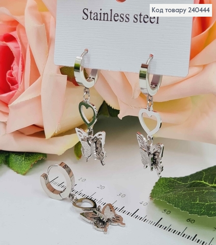 Серьги кольца, серебряного цвета, с подвесками бабочками, 3см, сталь Stainless Steel 240444 фото 1