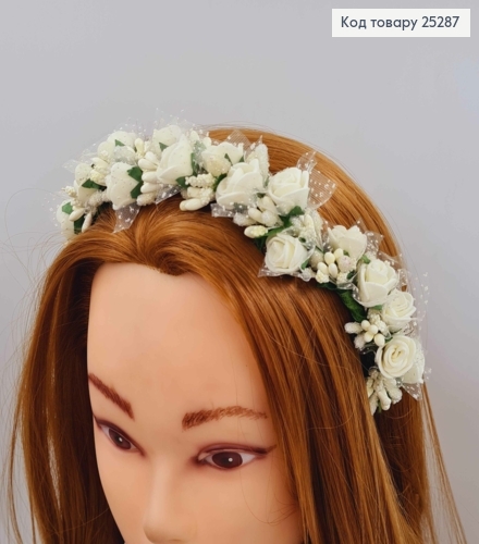 Обруч - венчик розы цвета АИВОРИ с фатином, основа - металл, ручная работа, Украина 287029 фото 1