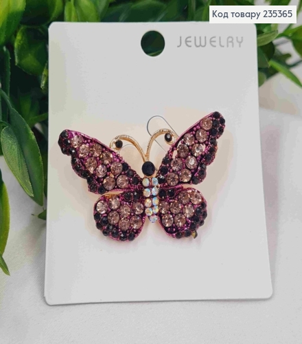 Брошь, "Бабочка" с Розовыми и Черными камешками, размер 4,5*3см, золотого цвета 235365 фото 1