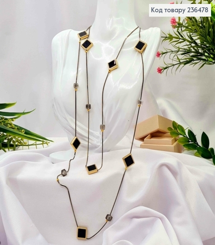 Біжутерія на шию подвійна з Ромбами та квадратними бусинами, 88+4см, Чорного+Золото кольору 236478 фото 1