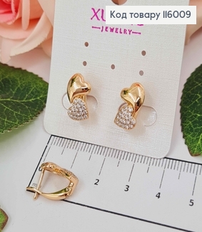 Серьги "Два сердца" в камешках, 1,5см, англ. застежка, 18K 116009 фото