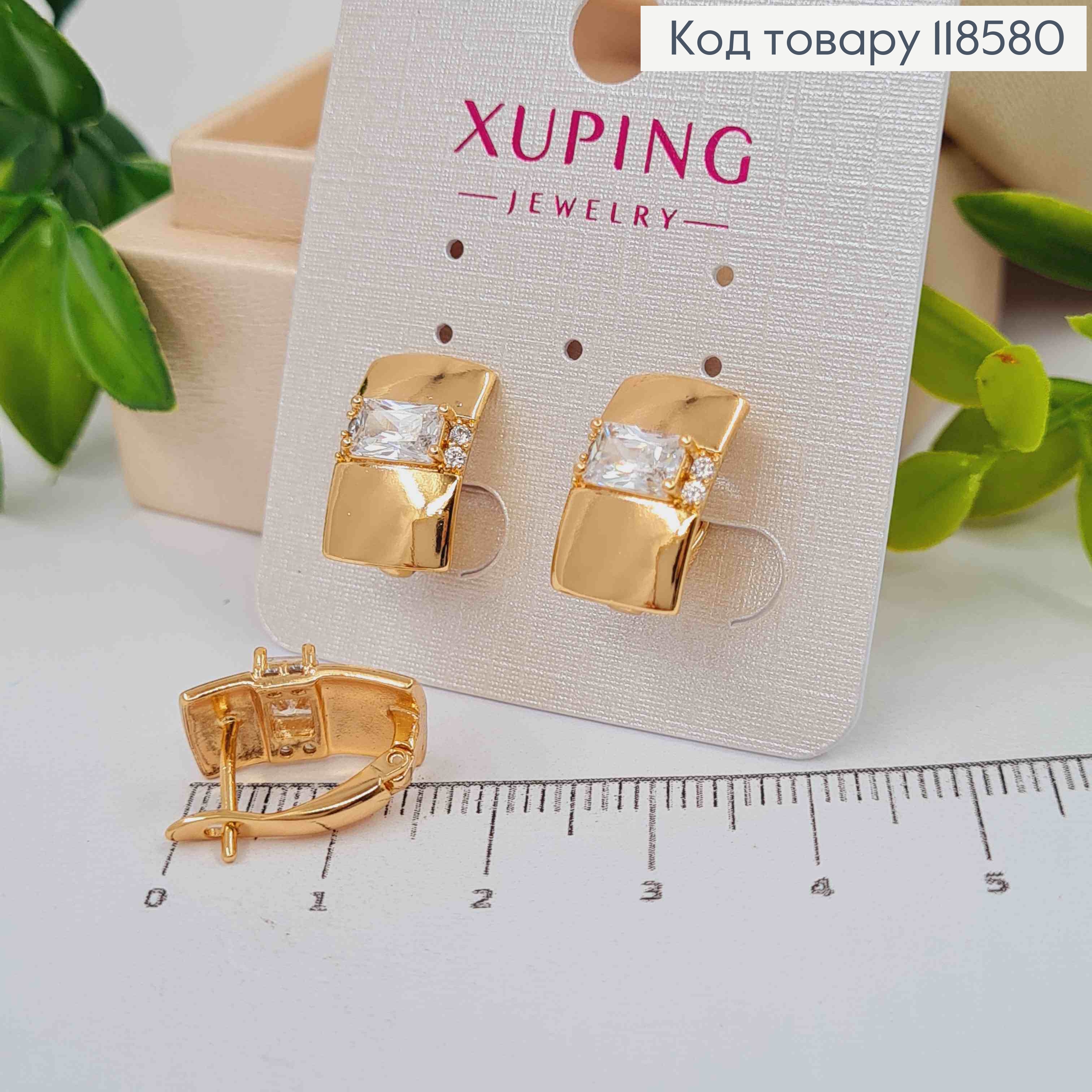 Серьги прямоугольная пластина украшена блестящим камнем, 1,6см, английская застежка, Xuping 18К. 118580 фото 3