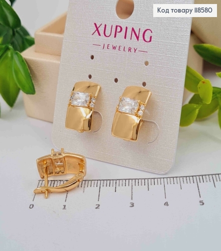 Сережки прямокутна пластина прикрашена Блискучим каменем, 1,6см, англійська застібка, Xuping 18К 118580 фото 3