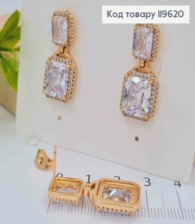 Серьги гвозди с двумя квадратными блестящими камешками, дл. 2,8см, Xuping 18К 119620 фото