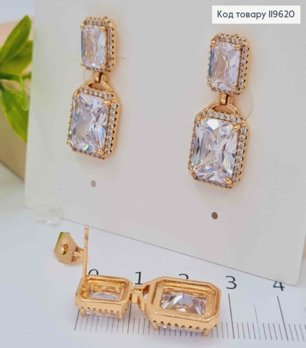 Серьги гвозди с двумя квадратными блестящими камешками, дл. 2,8см, Xuping 18К 119620 фото 1