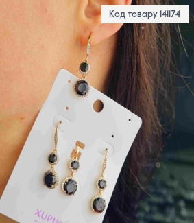 Набор: с черными камнями и блестящими камешками, серьги крючки(3,2см), кулон(2см), Xuping 18к. 141174 фото