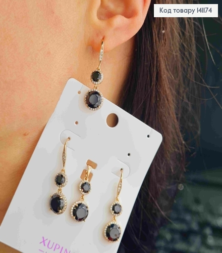 Набор: с черными камнями и блестящими камешками, серьги крючки(3,2см), кулон(2см), Xuping 18к. 141174 фото 1