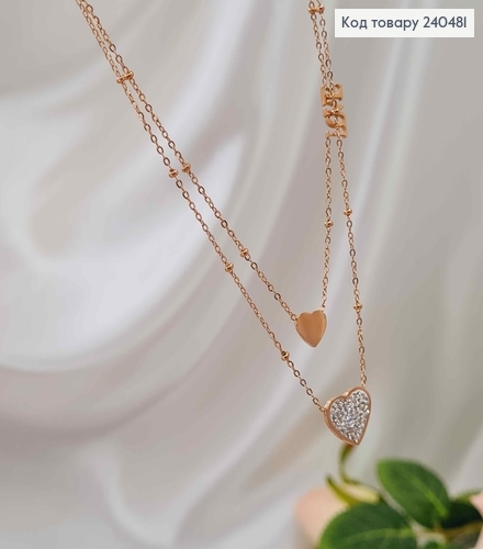 Цепочка двойная, золотого цвета, с подвеской Сердечком с камнями "LOVE", 40+5см, сталь Stainless Steel 240481 фото 1