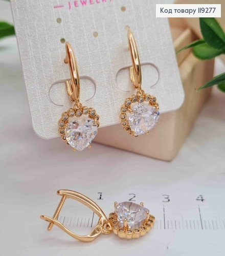 Серьги с подвеской "Блестящее Сердце", длина 1,5+1,2см, английская застежка, Xuping 18K 119277 фото 2