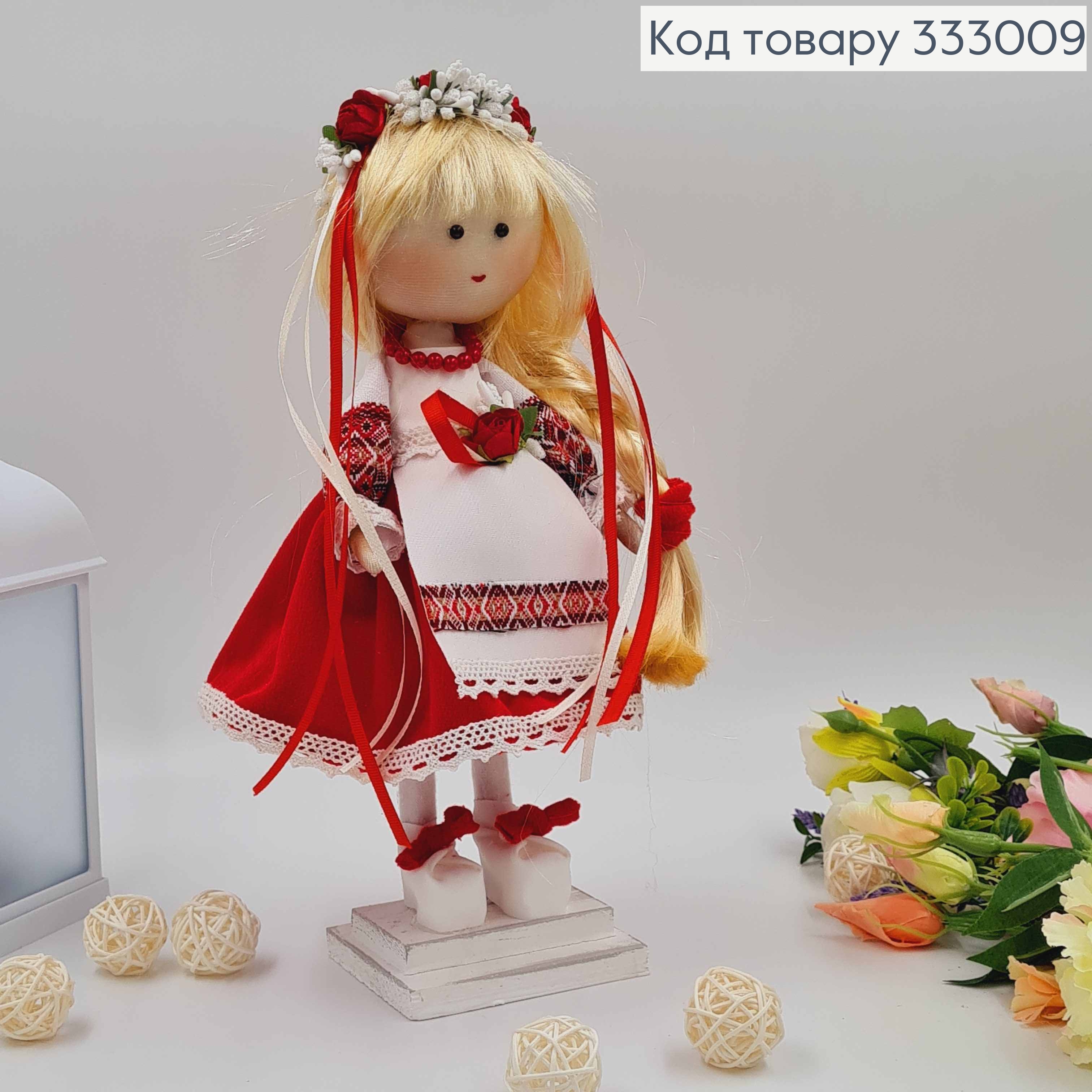 Лялька ДІВЧИНКА,"Зі світлою косою" в червоній бархатній спідничці, висота 32см,ручна робота, Україна 333009 фото 2
