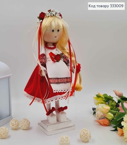 Лялька ДІВЧИНКА,"Зі світлою косою" в червоній бархатній спідничці, висота 32см,ручна робота, Україна 333009 фото 2