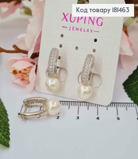 Сережки родовані, Пластина з трьома рядами камінців з перлиною, 2,2см, англ застібка, Xuping 181463 фото