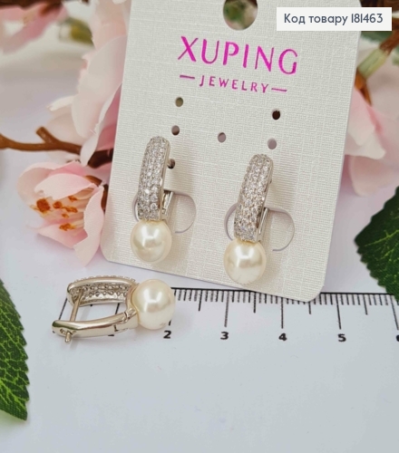 Серьги, Пластина с тремя рядами камней с жемчужиной, 2,2см, англ застежка, Xuping 181463 фото 1