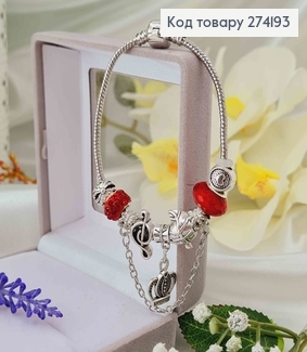 Браслет под Пандору 18см, серебряного цвета с красными шармиками. 274193 фото