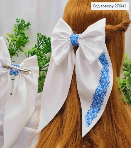 Бант БЕЛЫЙ с Синим орнаментом, на заколке 6,5см, ткань плотный атлас, размером 13*23см, ручная работа 276142 фото 1