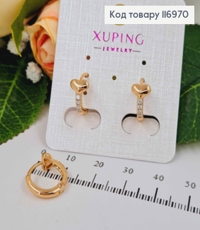 Серьги кольца 1,3см, в камешках, с объемным сердечком, Xuping 18K 116970 фото