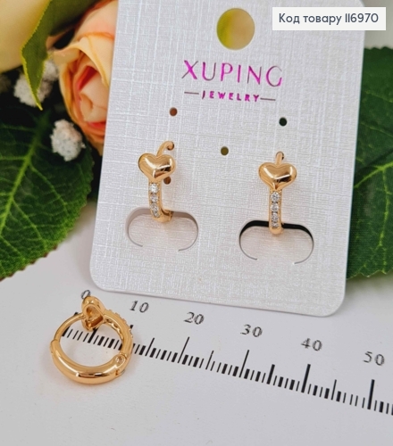 Серьги кольца 1,3см, в камешках, с объемным сердечком, Xuping 18K 116970 фото 1